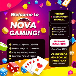 A vibrant and attractive casino promotional template featuring a logo for 'Nova Gaming'