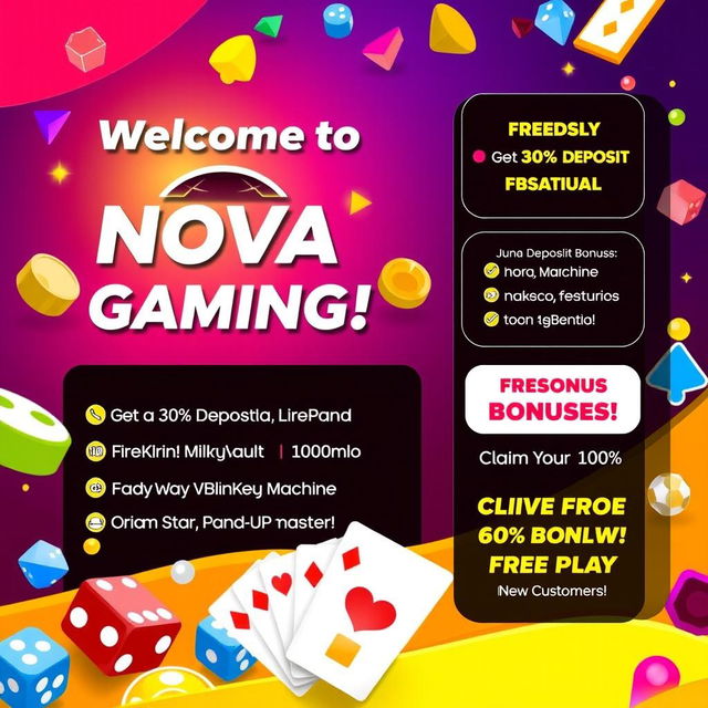 A vibrant and attractive casino promotional template featuring a logo for 'Nova Gaming'