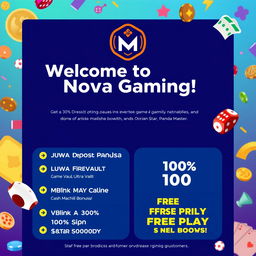 A vibrant and attractive casino promotional template featuring a logo for 'Nova Gaming'