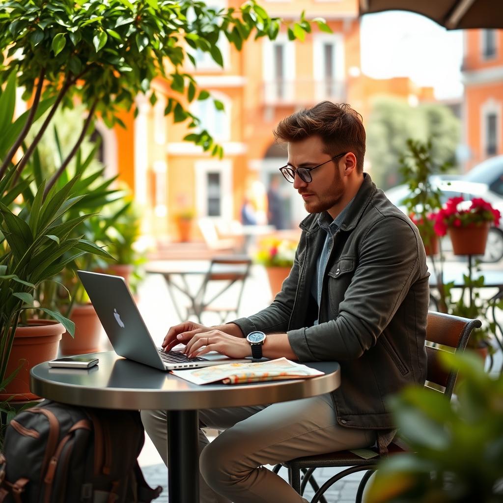 A serene and inspiring scene of a man sitting at a stylish outdoor cafe, working on his laptop, surrounded by lush greenery and colorful flower pots