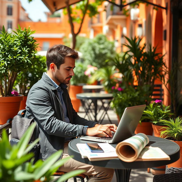 A serene and inspiring scene of a man sitting at a stylish outdoor cafe, working on his laptop, surrounded by lush greenery and colorful flower pots