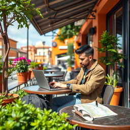A serene and inspiring scene of a man sitting at a stylish outdoor cafe, working on his laptop, surrounded by lush greenery and colorful flower pots