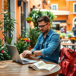 A serene and inspiring scene of a man sitting at a stylish outdoor cafe, working on his laptop, surrounded by lush greenery and colorful flower pots
