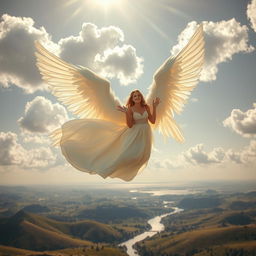 A serene scene capturing the essence of "The Flight Without Wings", featuring a majestic angel with large, ethereal wings made of shimmering light and soft feathers