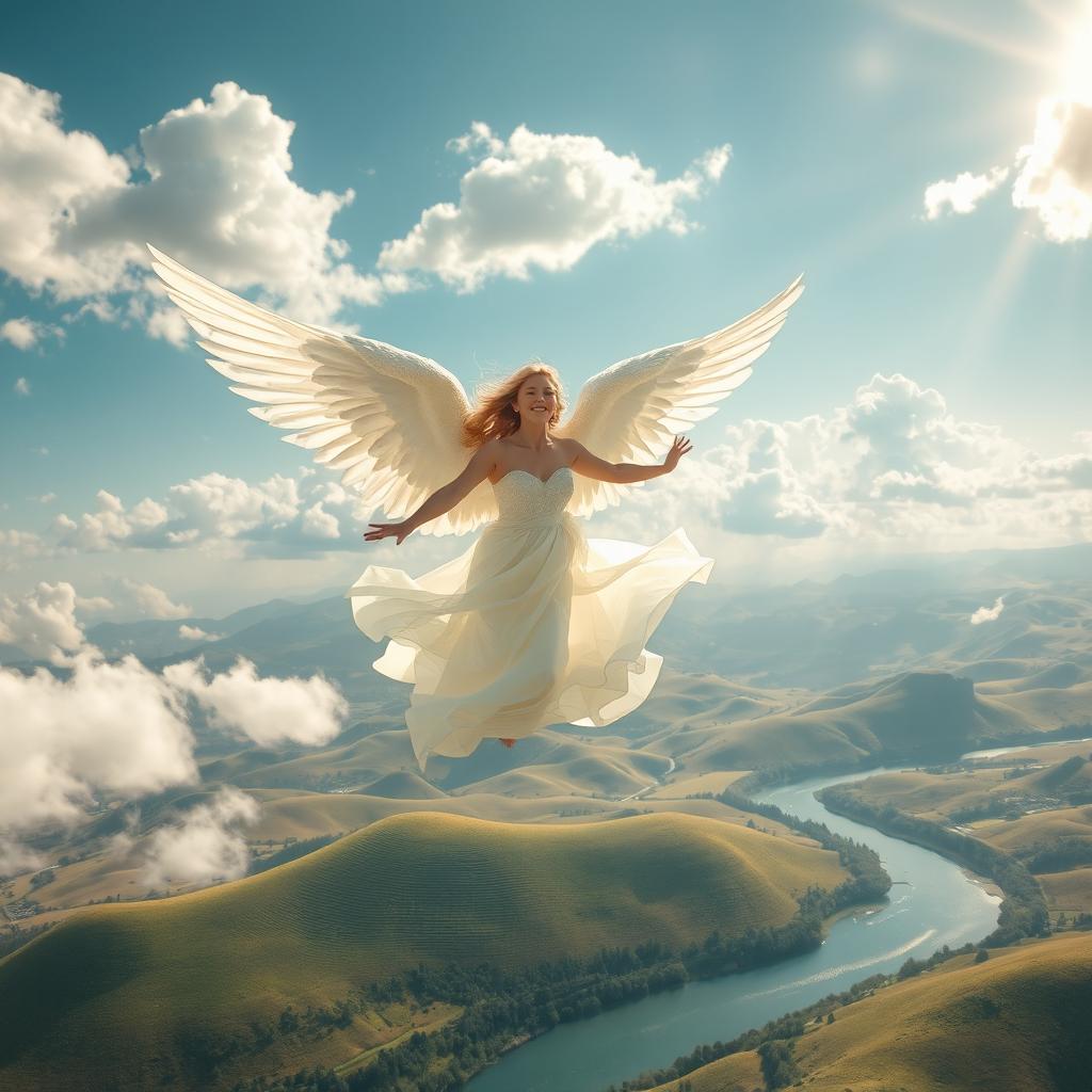 A serene scene capturing the essence of "The Flight Without Wings", featuring a majestic angel with large, ethereal wings made of shimmering light and soft feathers