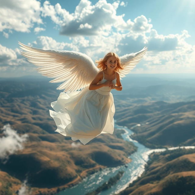 A serene scene capturing the essence of "The Flight Without Wings", featuring a majestic angel with large, ethereal wings made of shimmering light and soft feathers