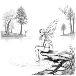 A black and white sketch illustration of a beautiful fairy sitting alone by the edge of a tranquil lake, surrounded by a serene natural landscape