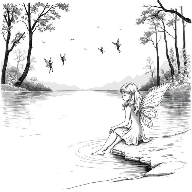 A black and white sketch illustration of a beautiful fairy sitting alone by the edge of a tranquil lake, surrounded by a serene natural landscape