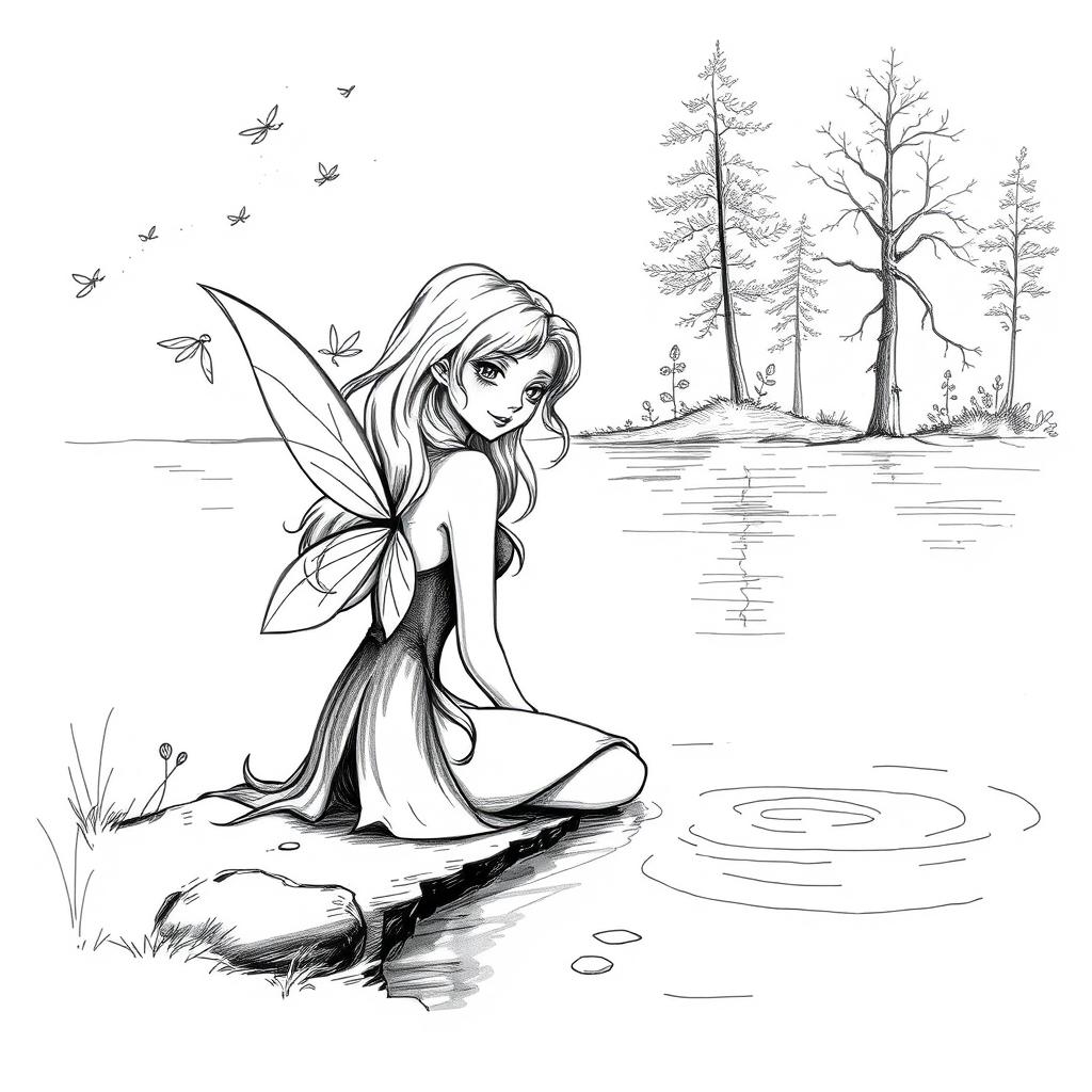 A black and white sketch illustration of a beautiful fairy sitting alone by the edge of a tranquil lake, surrounded by a serene natural landscape