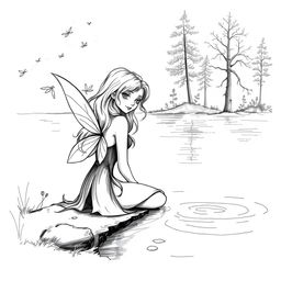 A black and white sketch illustration of a beautiful fairy sitting alone by the edge of a tranquil lake, surrounded by a serene natural landscape