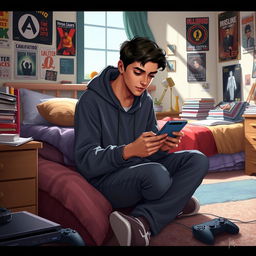 A realistic depiction of a teenage boy named Marcelino Ferdinand sitting in his bedroom, absorbed in playing on his smartphone