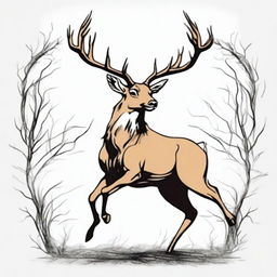 A high-quality, colored anime-style digital art image featuring a majestic, full-bodied deer with large, imposing antlers, leaping in mid-air