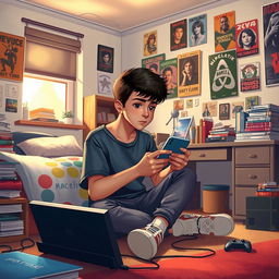 A realistic depiction of a teenage boy named Marcelino Ferdinand sitting in his bedroom, absorbed in playing on his smartphone