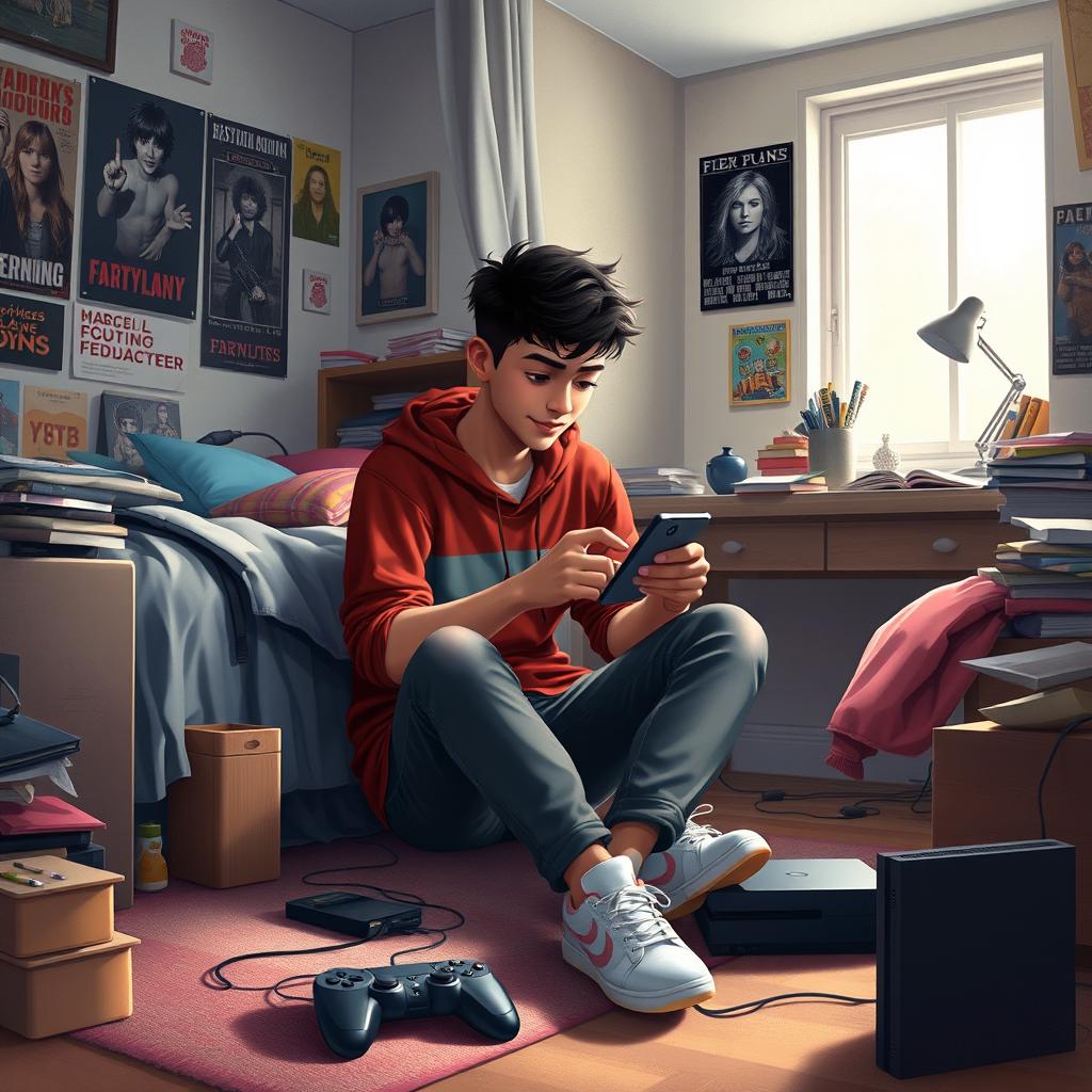 A realistic depiction of a teenage boy named Marcelino Ferdinand sitting in his bedroom, absorbed in playing on his smartphone