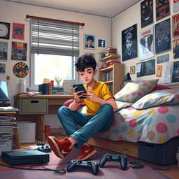A realistic depiction of a teenage boy named Marcelino Ferdinand sitting in his bedroom, absorbed in playing on his smartphone