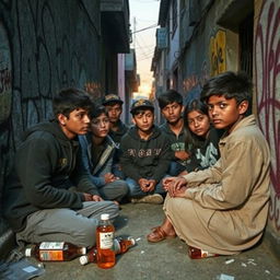 A group of young Nepalese teenagers gathered in an urban alleyway, visibly engaged in discussions with a focus on cough syrup misuse