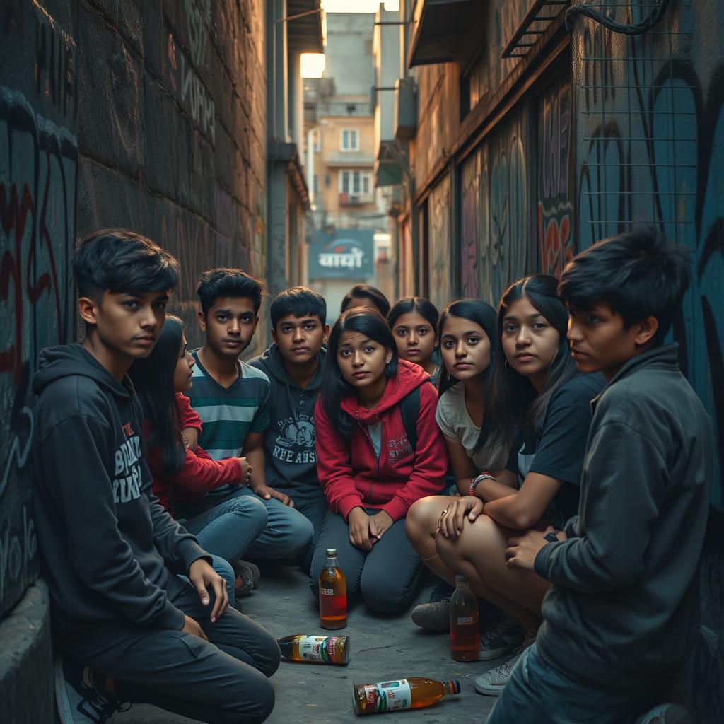 A group of young Nepalese teenagers gathered in an urban alleyway, visibly engaged in discussions with a focus on cough syrup misuse