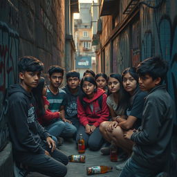 A group of young Nepalese teenagers gathered in an urban alleyway, visibly engaged in discussions with a focus on cough syrup misuse