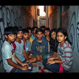 A group of young Nepalese teenagers gathered in an urban alleyway, visibly engaged in discussions with a focus on cough syrup misuse