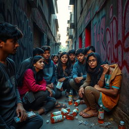 A group of young Nepalese teenagers gathered in an urban alleyway, visibly engaged in discussions with a focus on cough syrup misuse
