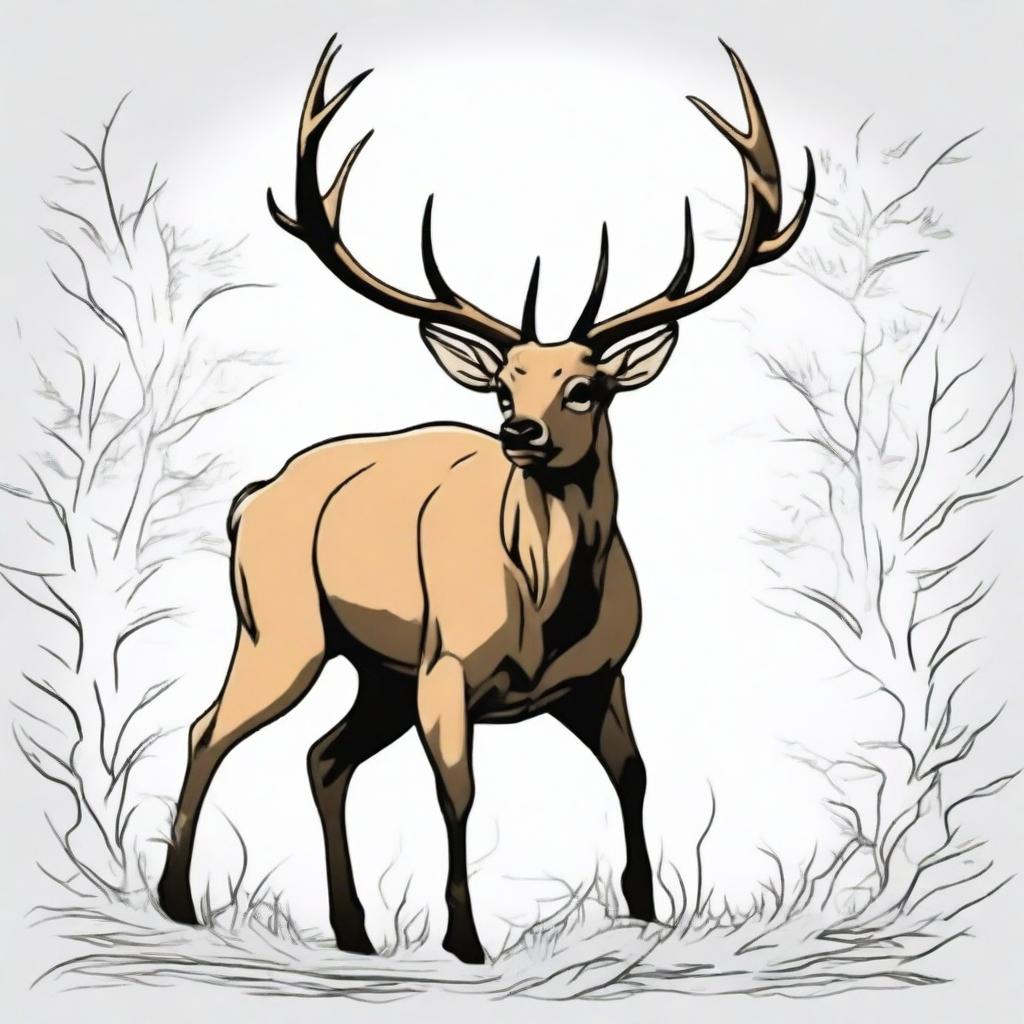 A high-quality, colored anime-style digital art image featuring a majestic, full-bodied deer with large, imposing antlers, leaping in mid-air