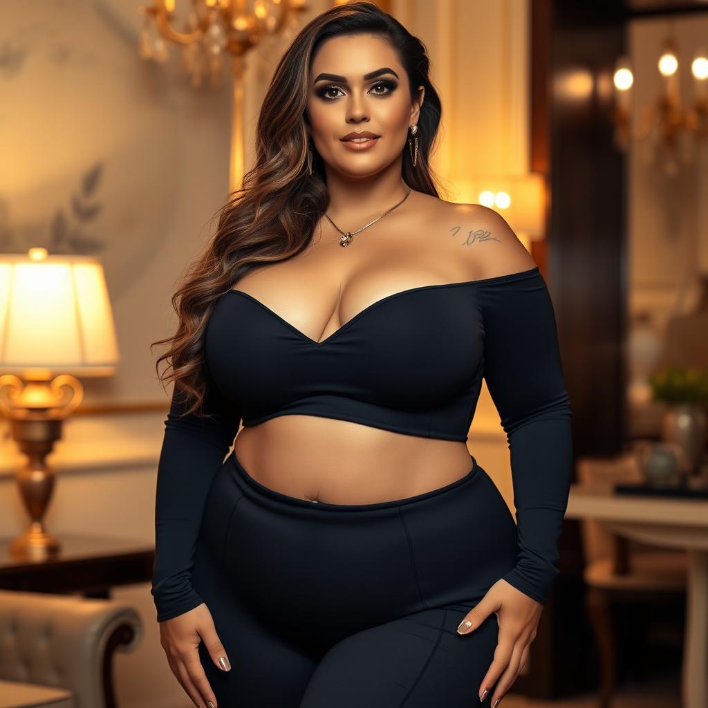 A voluptuous woman with large breasts, wearing a stylish, form-fitting outfit that accentuates her curves