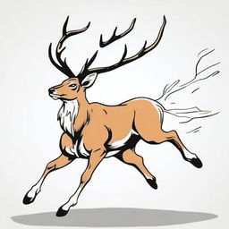 A high-quality, colored anime-style digital art image featuring a majestic, full-bodied deer with large, imposing antlers, leaping in mid-air