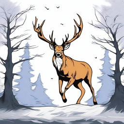 A high-quality, colored anime-style digital art image featuring a majestic, full-bodied deer with large, imposing antlers, leaping in mid-air