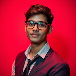 A 21-year-old Indian male with fair skin, wearing stylish spectacles, showcasing a narrow physique