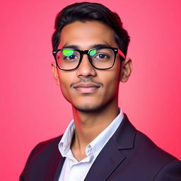 A 21-year-old Indian male with fair skin, wearing stylish spectacles, showcasing a narrow physique