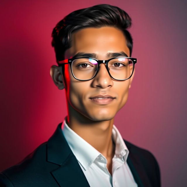 A 21-year-old Indian male with fair skin, wearing stylish spectacles, showcasing a narrow physique