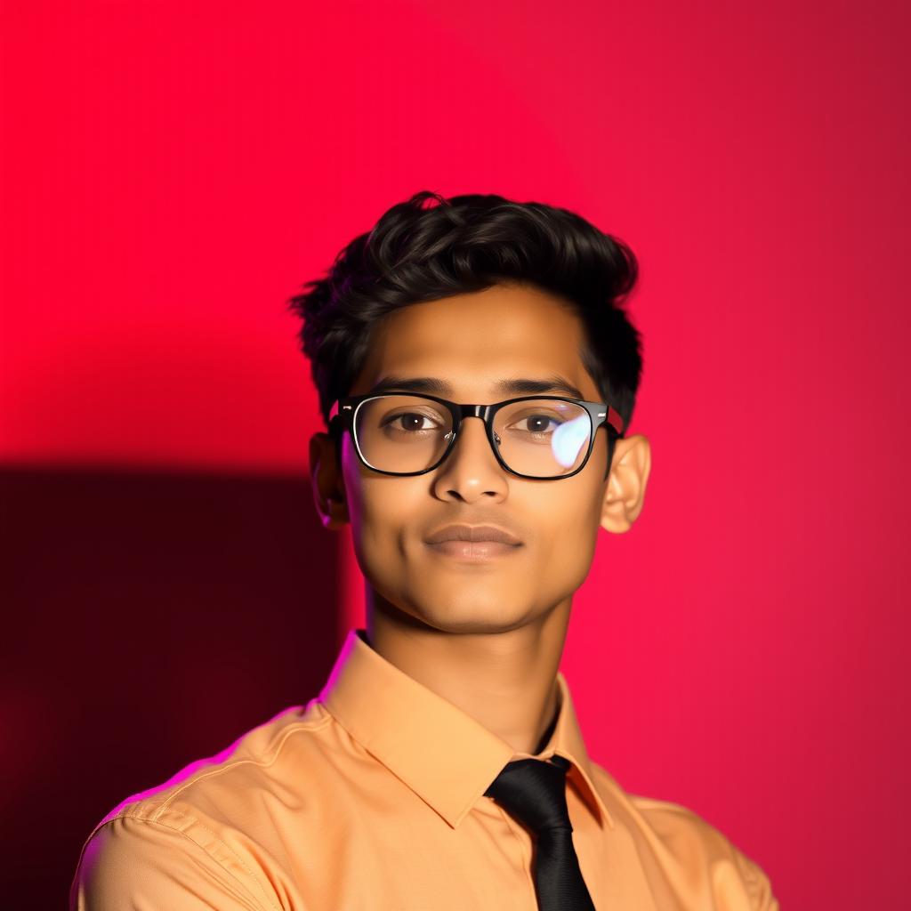 A 21-year-old Indian male with fair skin, wearing stylish spectacles, showcasing a narrow physique