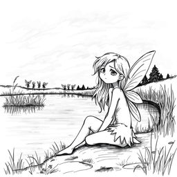 A black and white sketch illustration of a sad fairy without wings, sitting by the edge of a lake, looking forlorn as she has been left behind by several other fairies