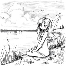 A black and white sketch illustration of a sad fairy without wings, sitting by the edge of a lake, looking forlorn as she has been left behind by several other fairies