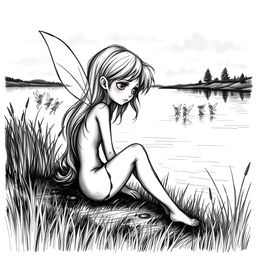 A black and white sketch illustration of a sad fairy without wings, sitting by the edge of a lake, looking forlorn as she has been left behind by several other fairies
