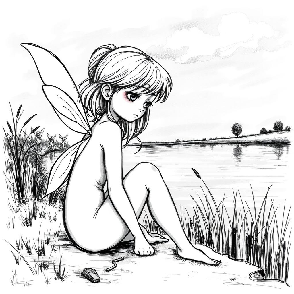 A black and white sketch illustration of a sad fairy without wings, sitting by the edge of a lake, looking forlorn as she has been left behind by several other fairies