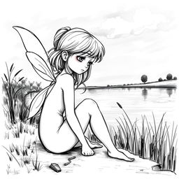 A black and white sketch illustration of a sad fairy without wings, sitting by the edge of a lake, looking forlorn as she has been left behind by several other fairies