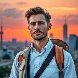 A portrait of a man who embodies the essence of a workaholic with a passion for travel