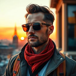 A portrait of a man who embodies the essence of a workaholic with a passion for travel