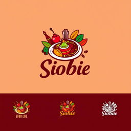 A vibrant and appealing logo design for an F&B store called 'Siobie', specializing in traditional food from Pontianak
