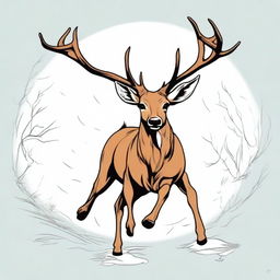 A high-quality, colored anime-style digital art image showcasing a majestic, full-bodied deer with a large, imposing antler, leaping in mid-air