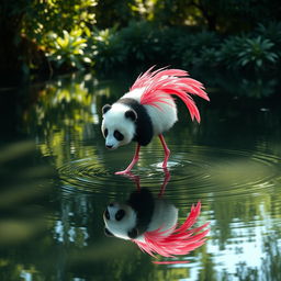 A whimsical panda with slender flamingo legs and vibrant pink feathers gracefully wades through a tranquil pond