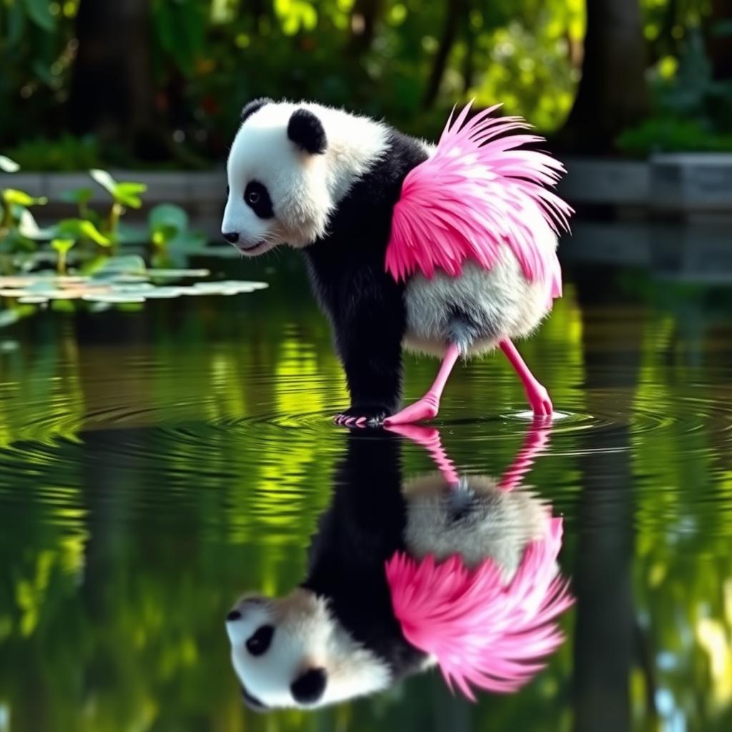 A whimsical panda with slender flamingo legs and vibrant pink feathers gracefully wades through a tranquil pond
