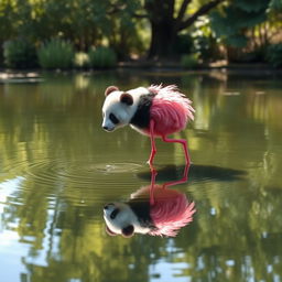 A whimsical panda with slender flamingo legs and vibrant pink feathers gracefully wades through a tranquil pond