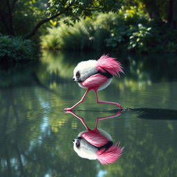 A whimsical panda with slender flamingo legs and vibrant pink feathers gracefully wades through a tranquil pond