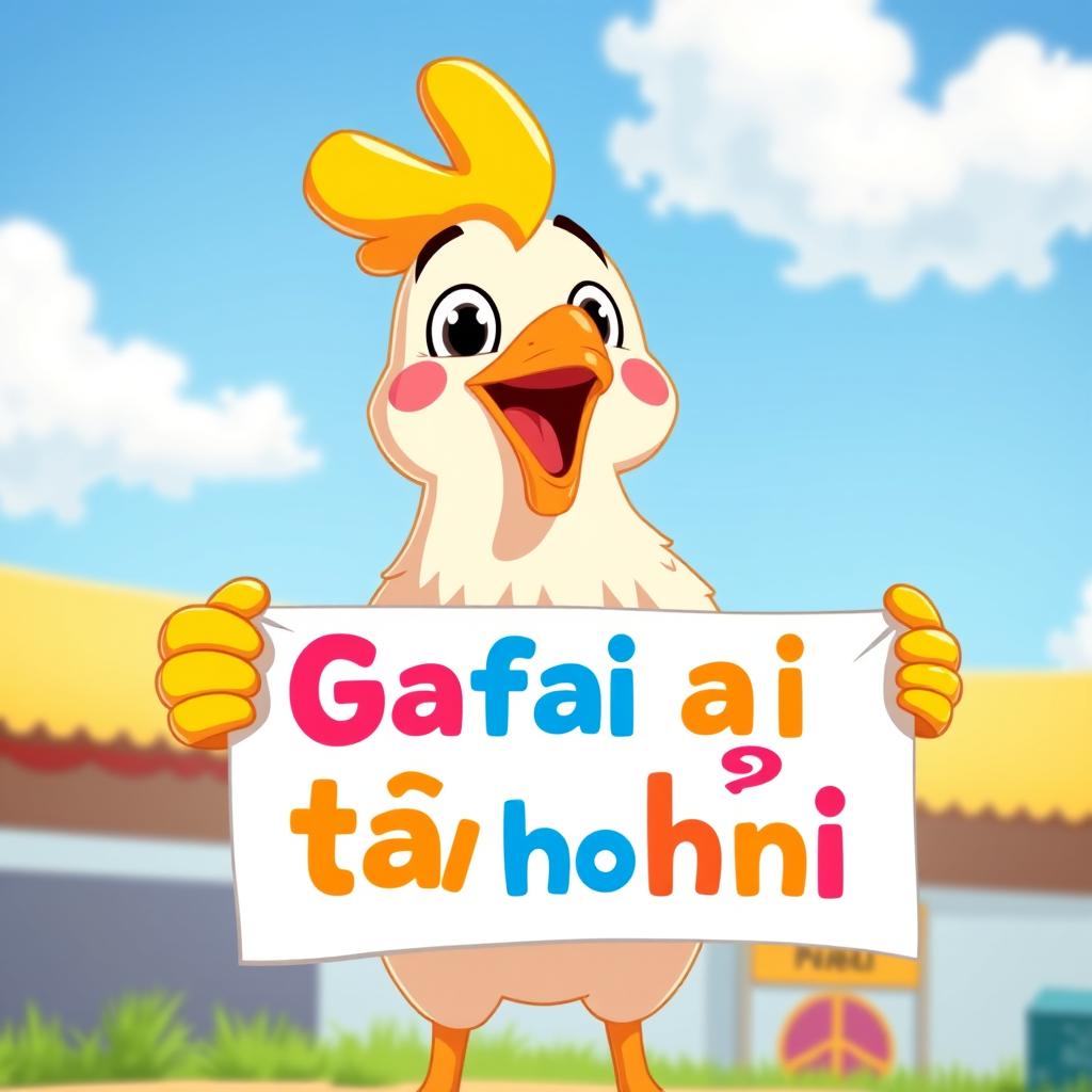A cartoon chicken character with bright yellow feathers and a cheerful expression, proudly holding a colorful banner