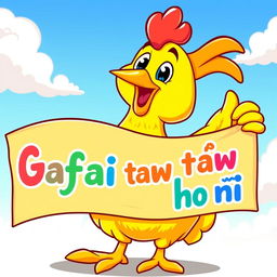 A cartoon chicken character with bright yellow feathers and a cheerful expression, proudly holding a colorful banner