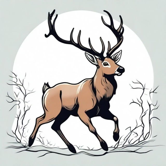 A high-quality, colored anime-style digital art image showcasing a majestic, full-bodied deer with a large, imposing antler, leaping in mid-air