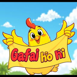A cartoon chicken character with bright yellow feathers and a cheerful expression, proudly holding a colorful banner
