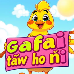A cartoon chicken character with bright yellow feathers and a cheerful expression, proudly holding a colorful banner